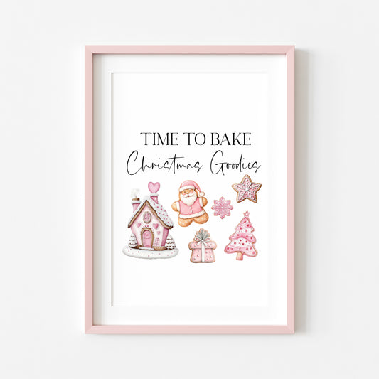 Time to bake Christmas goodies gingerbread pink cute christmas baking seasonal unframed wall art poster print, kitchen decor xmas decor