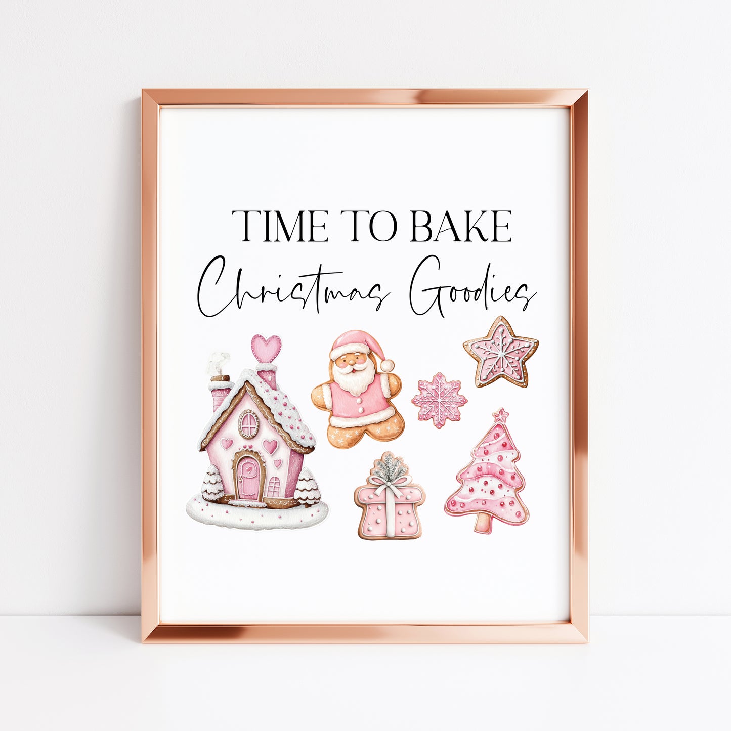 Time to bake Christmas goodies gingerbread pink cute christmas baking seasonal unframed wall art poster print, kitchen decor xmas decor