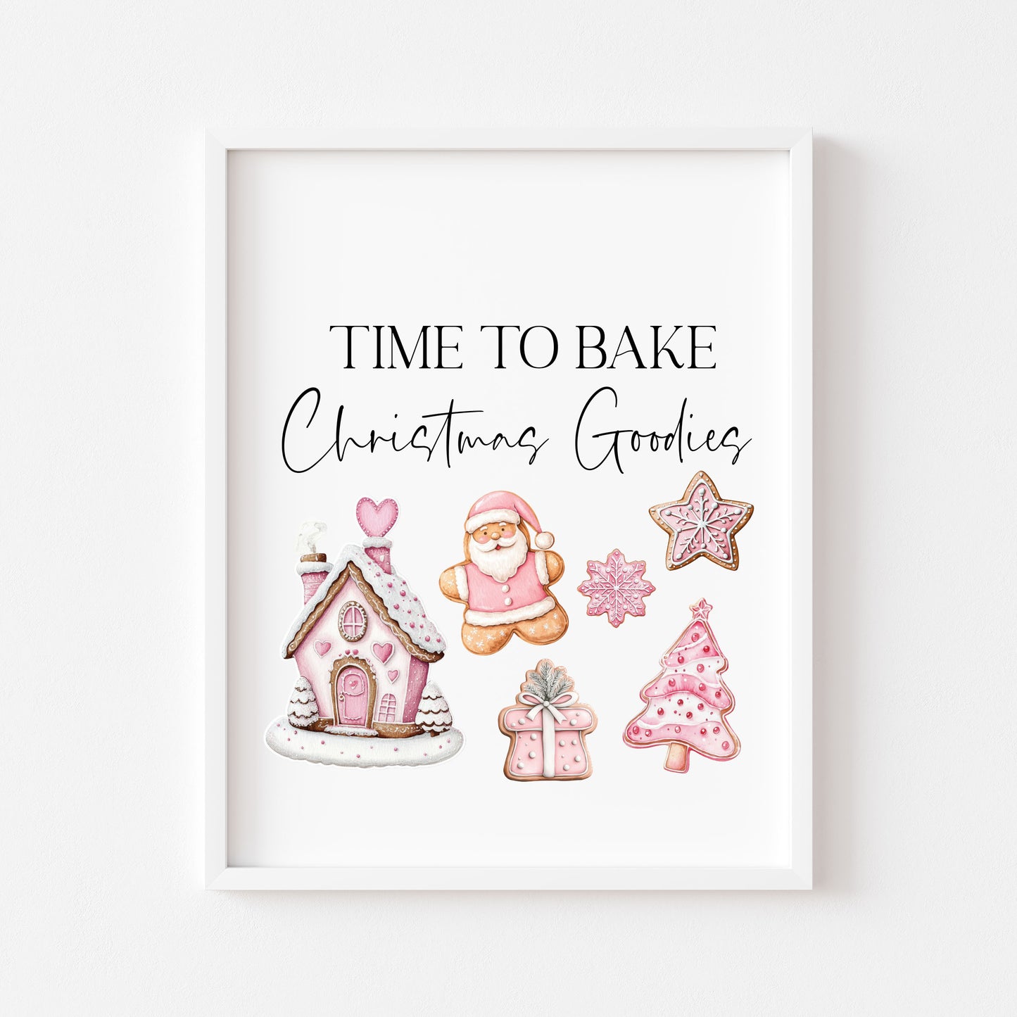 Time to bake Christmas goodies gingerbread pink cute christmas baking seasonal unframed wall art poster print, kitchen decor xmas decor