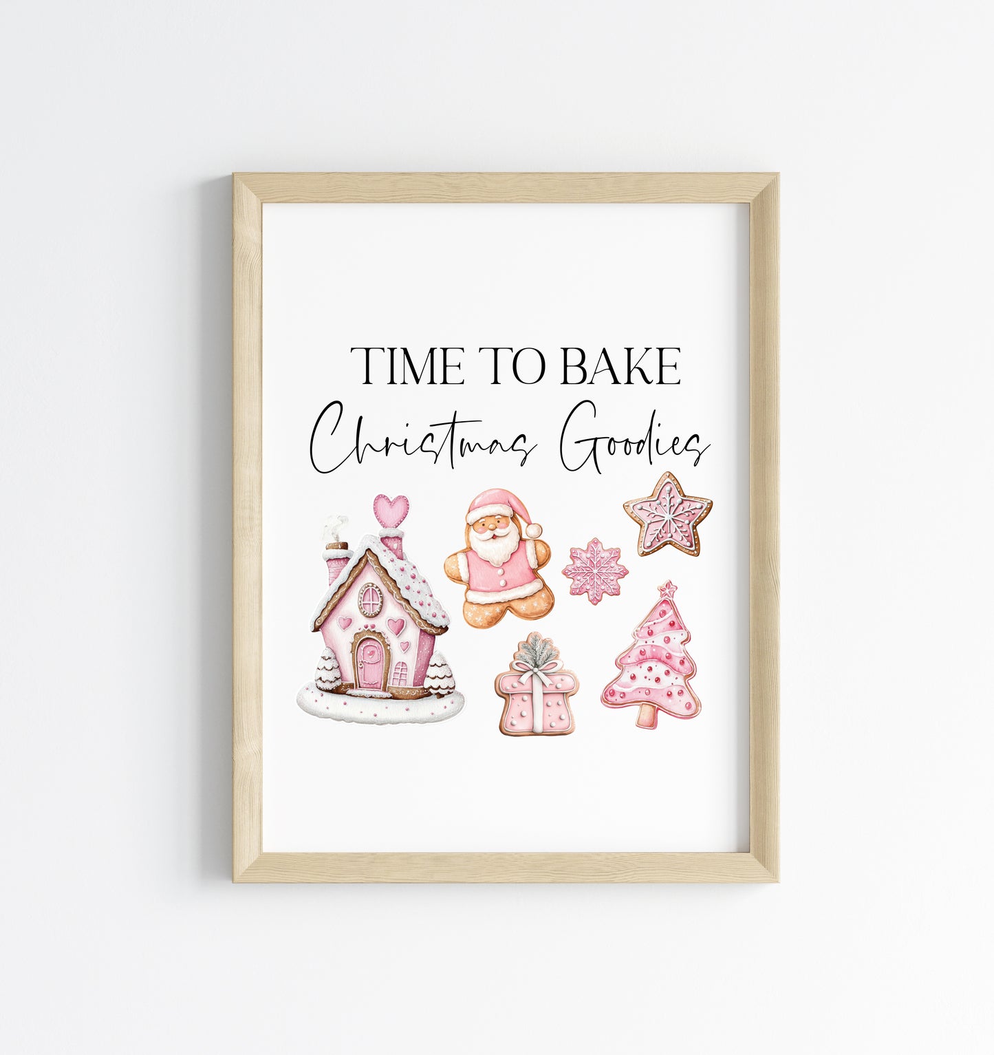 Time to bake Christmas goodies gingerbread pink cute christmas baking seasonal unframed wall art poster print, kitchen decor xmas decor