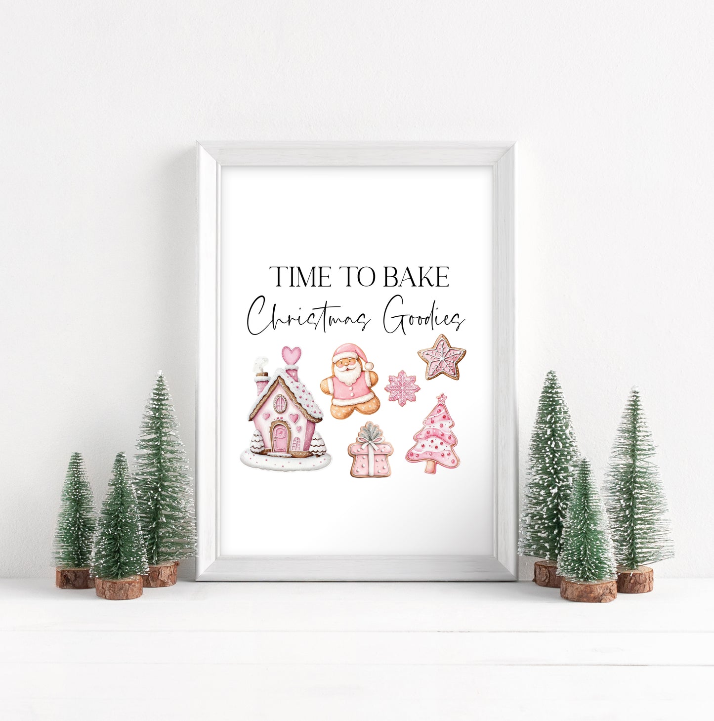 Time to bake Christmas goodies gingerbread pink cute christmas baking seasonal unframed wall art poster print, kitchen decor xmas decor