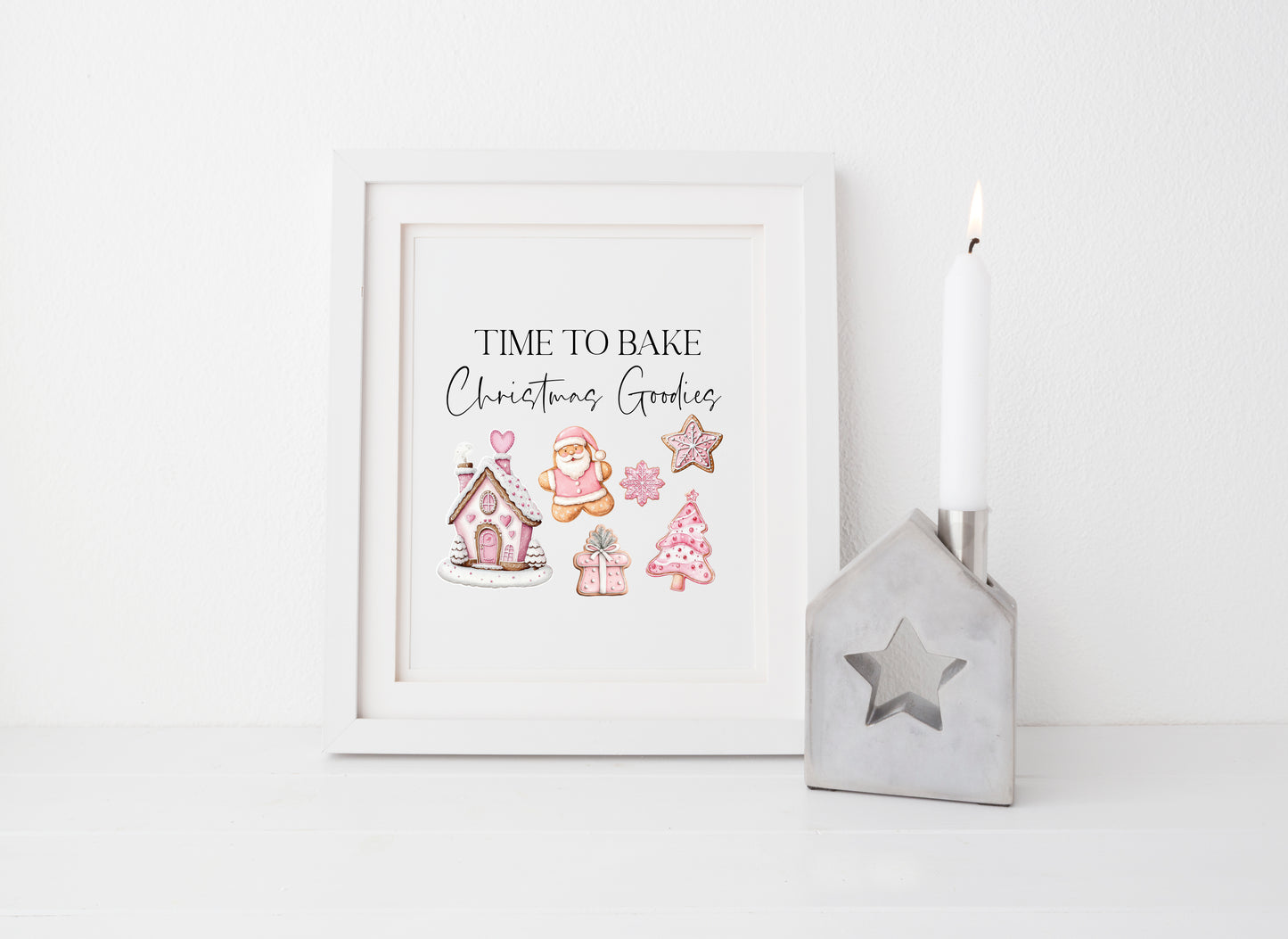 Time to bake Christmas goodies gingerbread pink cute christmas baking seasonal unframed wall art poster print, kitchen decor xmas decor