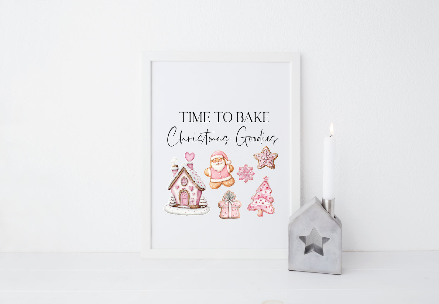 Time to bake Christmas goodies gingerbread pink cute christmas baking seasonal unframed wall art poster print, kitchen decor xmas decor