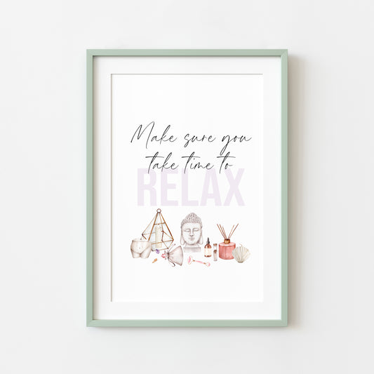 Make sure you take time to relax watercolour bedroom, bathroom candles & crystals bedroom unframed wall art poster print