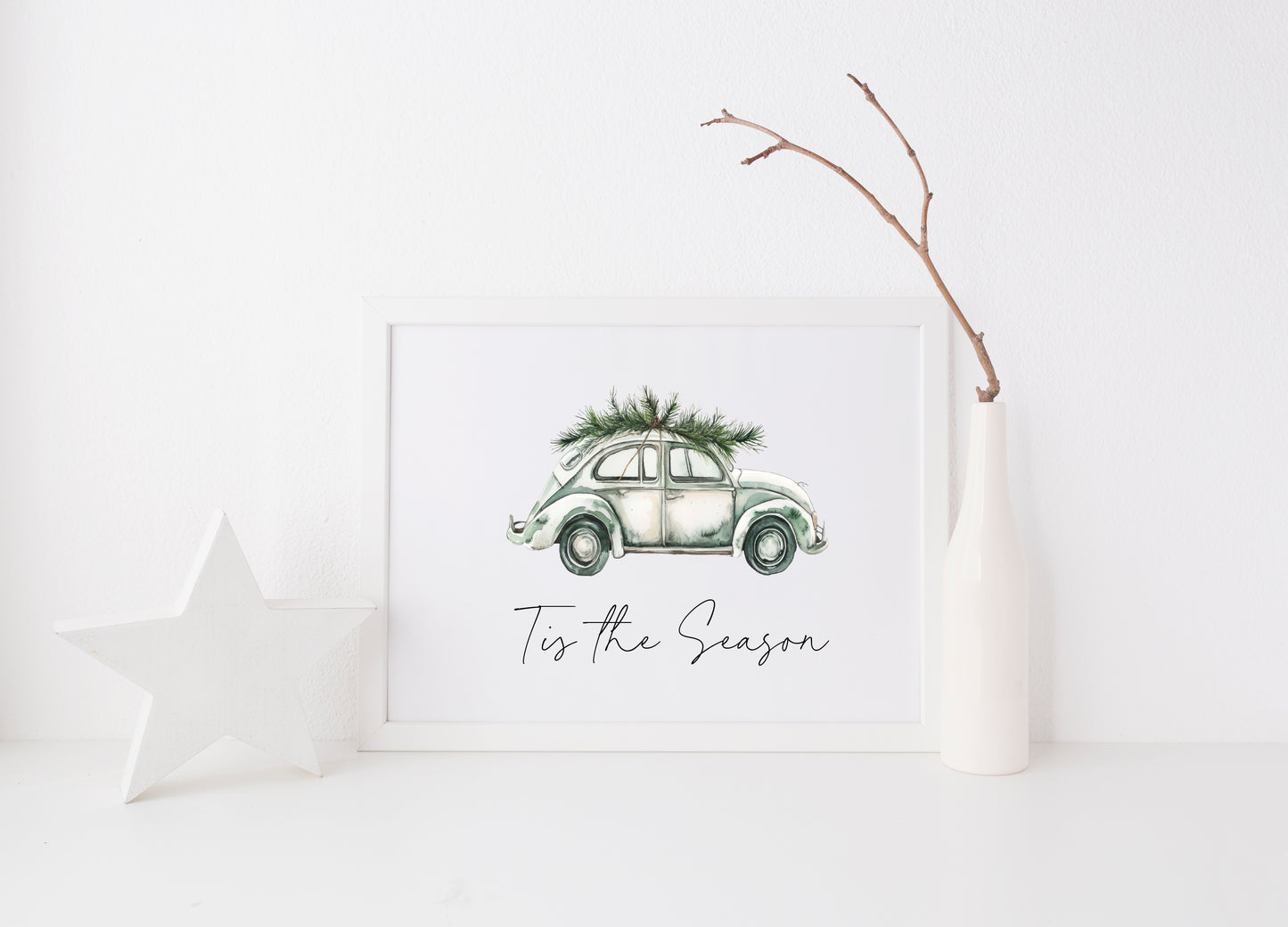 Christmas print, Tis the season green blue watercolour Christmas car and Christmas tree seasonal unframed wall art poster print