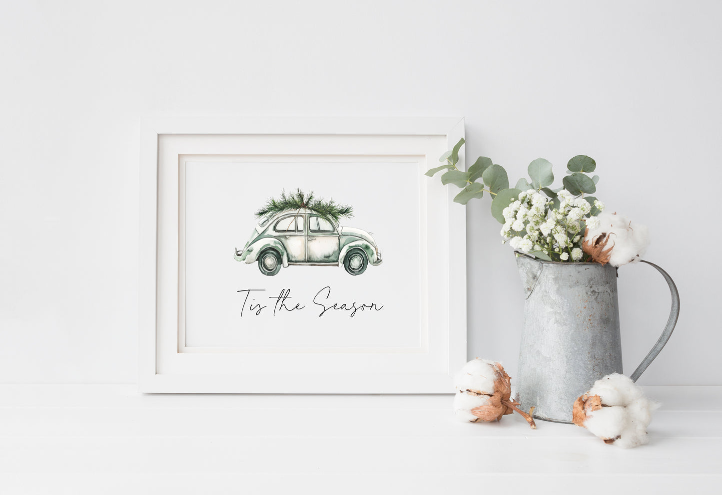 Christmas print, Tis the season green blue watercolour Christmas car and Christmas tree seasonal unframed wall art poster print
