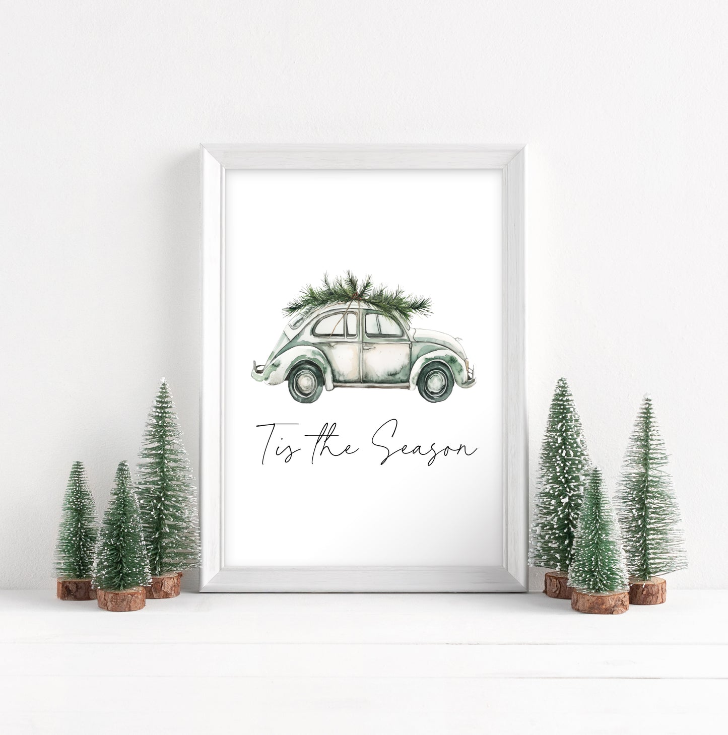Christmas print, Tis the season green blue watercolour Christmas car and Christmas tree seasonal unframed wall art poster print