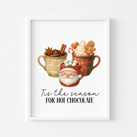 Hot chocolate print, Tis the season red green vintage watercolour Winter Home Decor unframed wall art