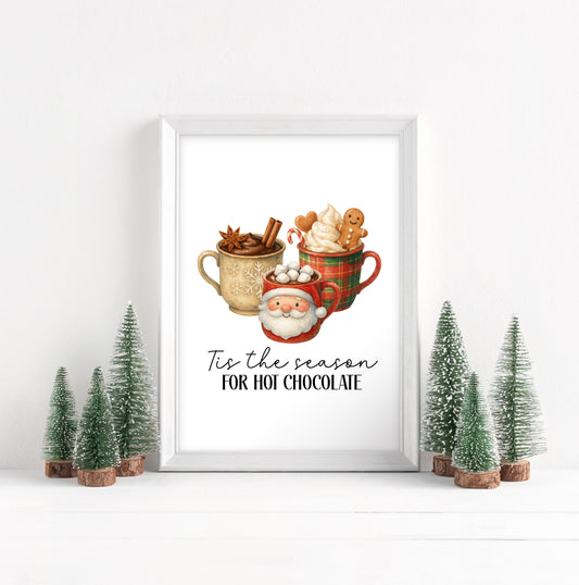 Hot chocolate print, Tis the season red green vintage watercolour Winter Home Decor unframed wall art