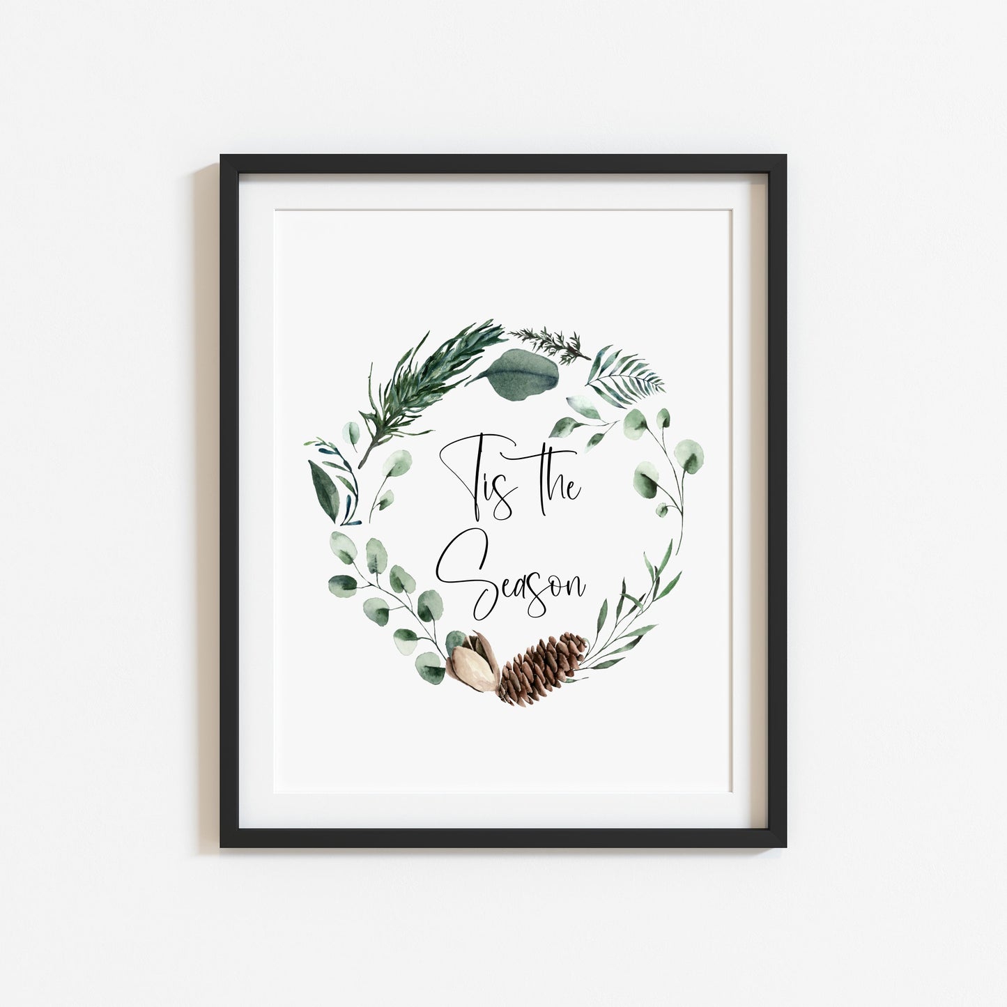 Tis the season watercolour Christmas foliage pinecone wreath seasonal unframed wall art poster print