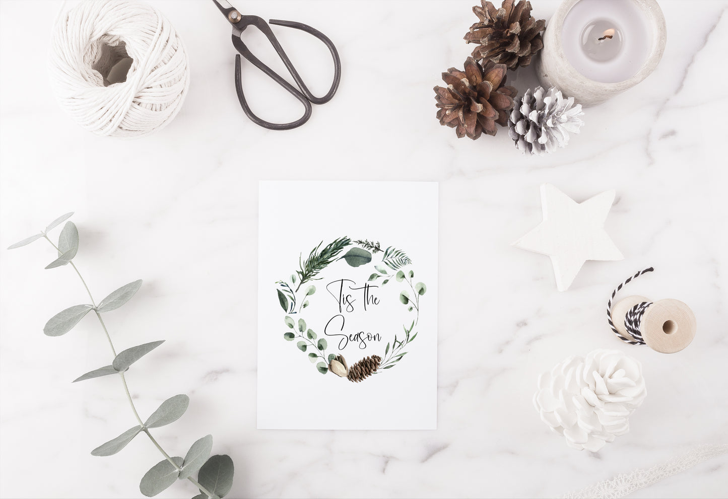 Tis the season watercolour Christmas foliage pinecone wreath seasonal unframed wall art poster print