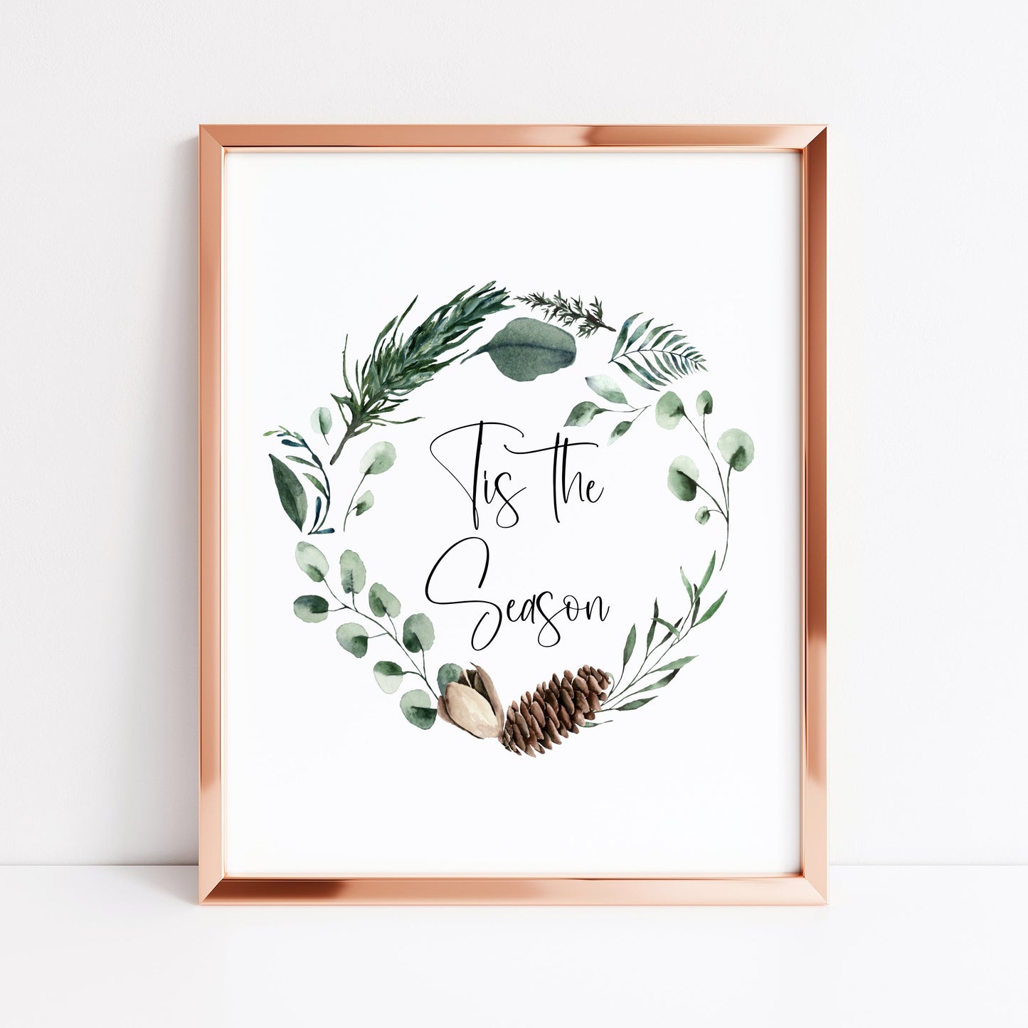 Tis the season watercolour Christmas foliage pinecone wreath seasonal unframed wall art poster print