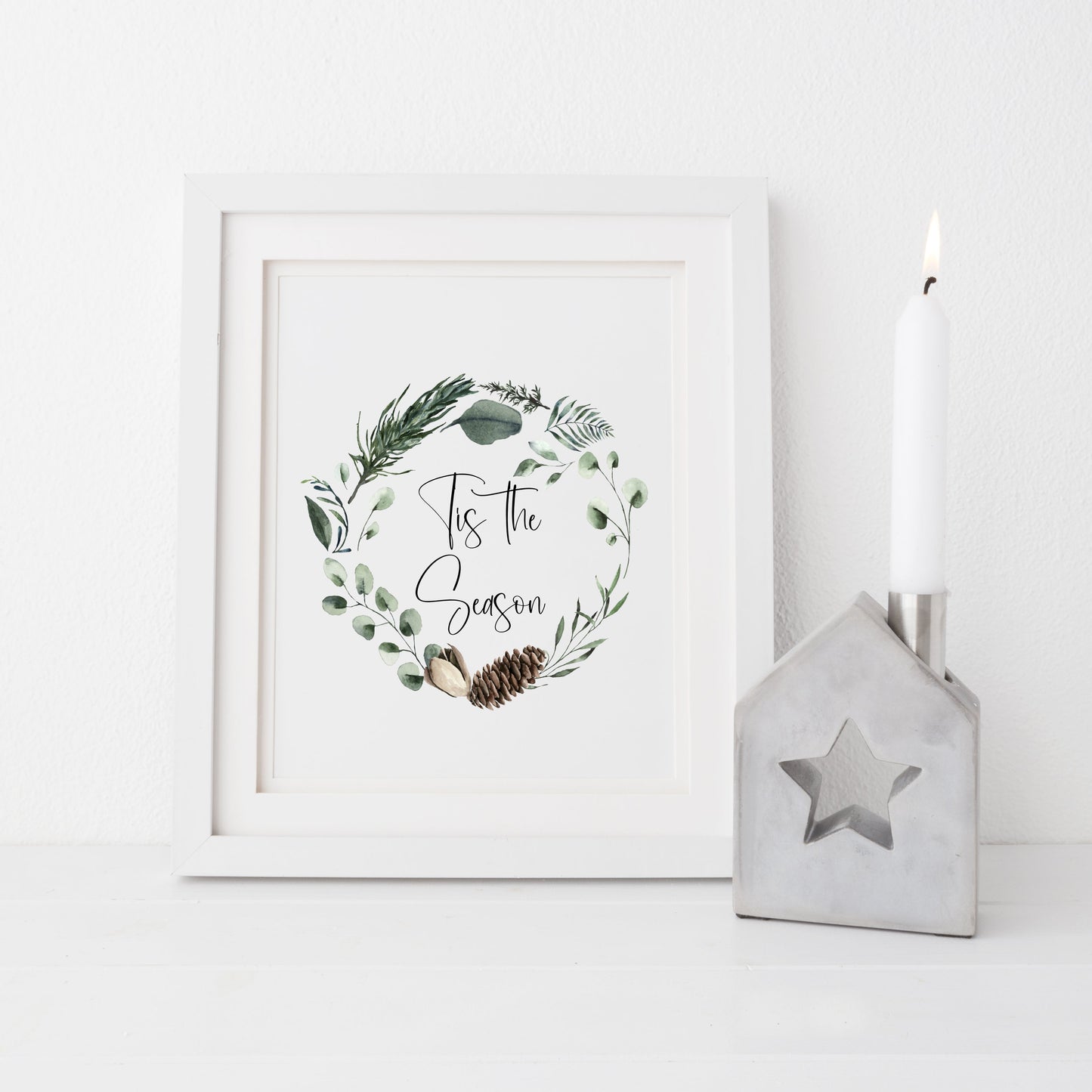 Tis the season watercolour Christmas foliage pinecone wreath seasonal unframed wall art poster print