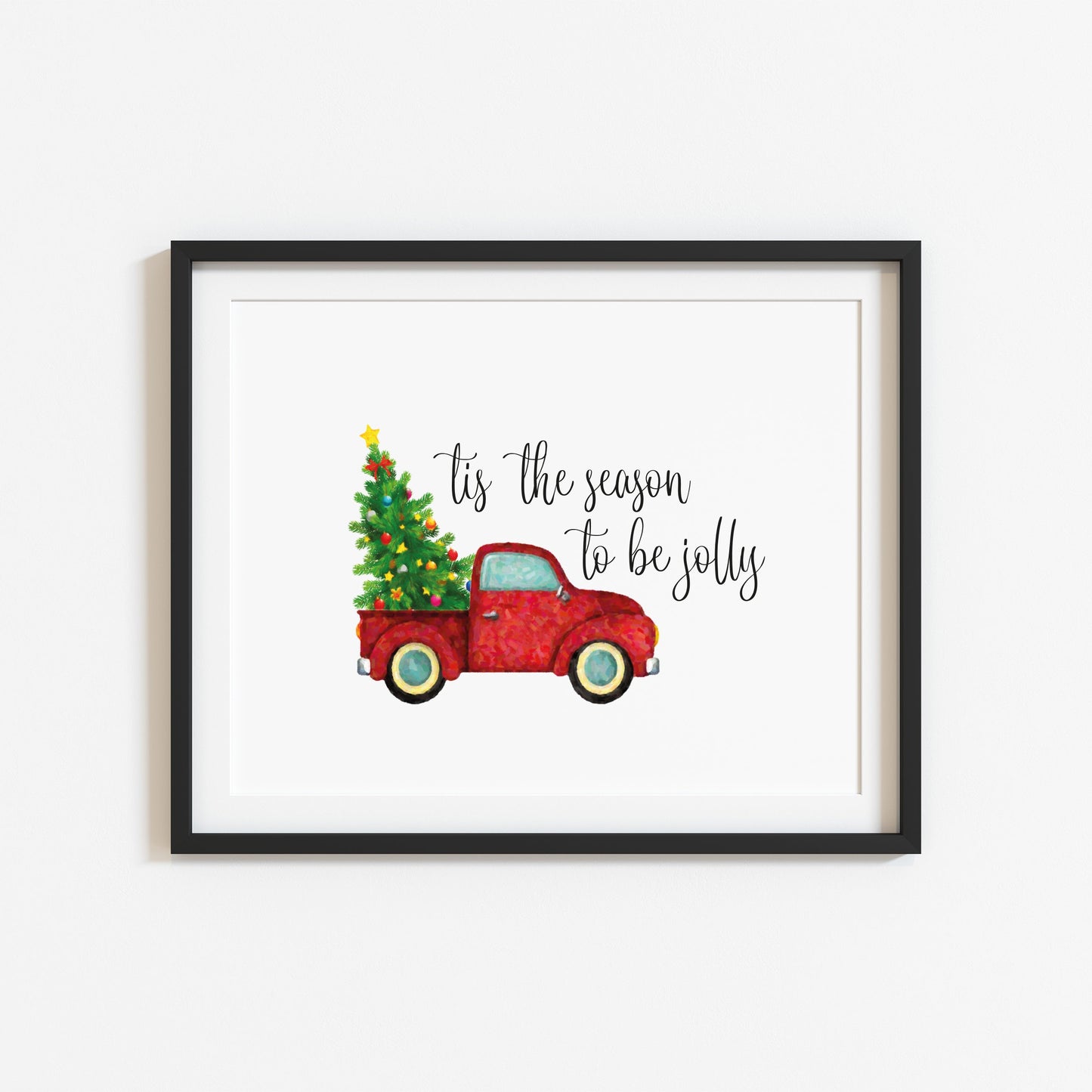 Tis the season to be Jolly red watercolour Christmas tree illustration seasonal unframed wall art poster print