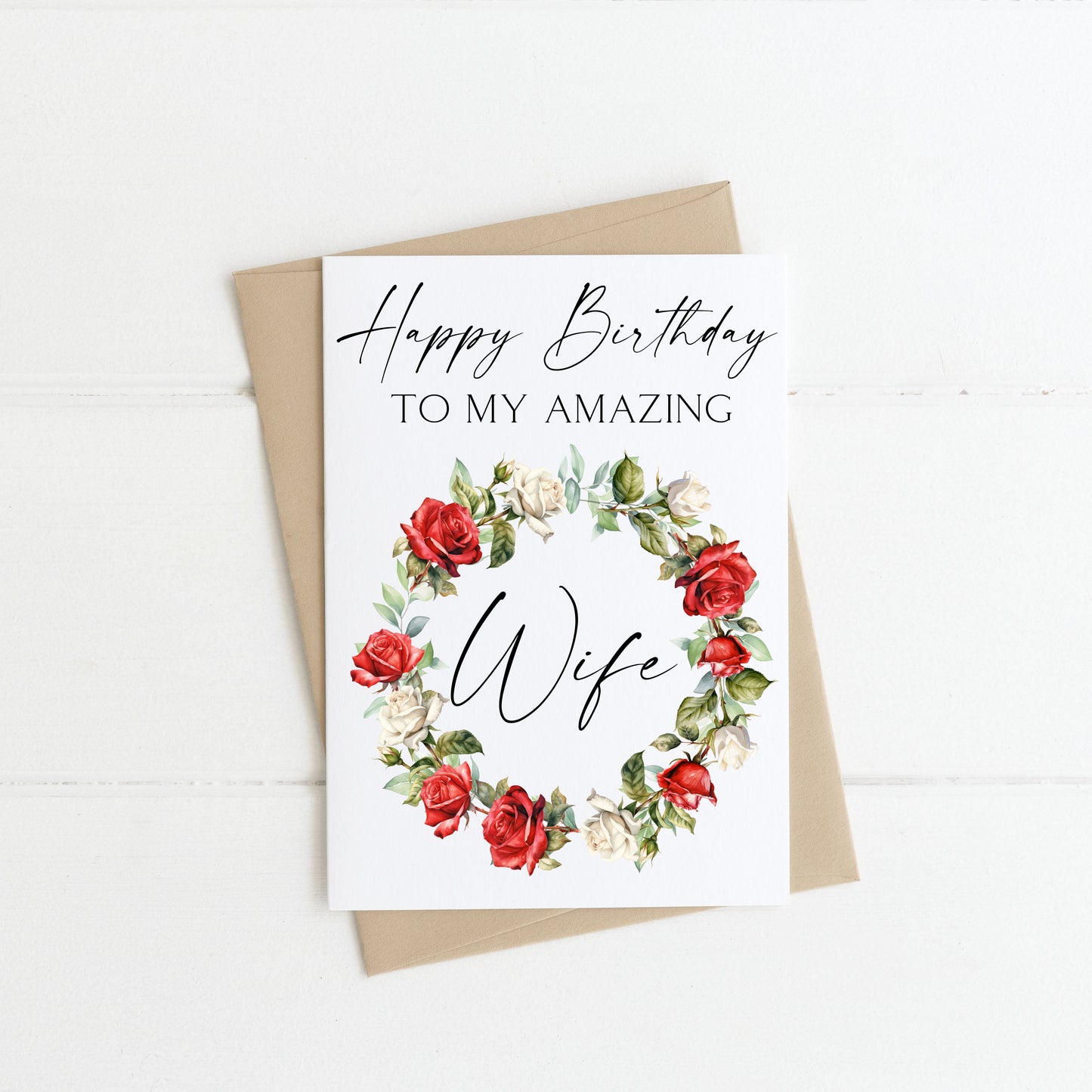 Wife birthday card to my amazing wife happy birthday wife love couples partner red white roses wreath card with envelope kraft brown/white