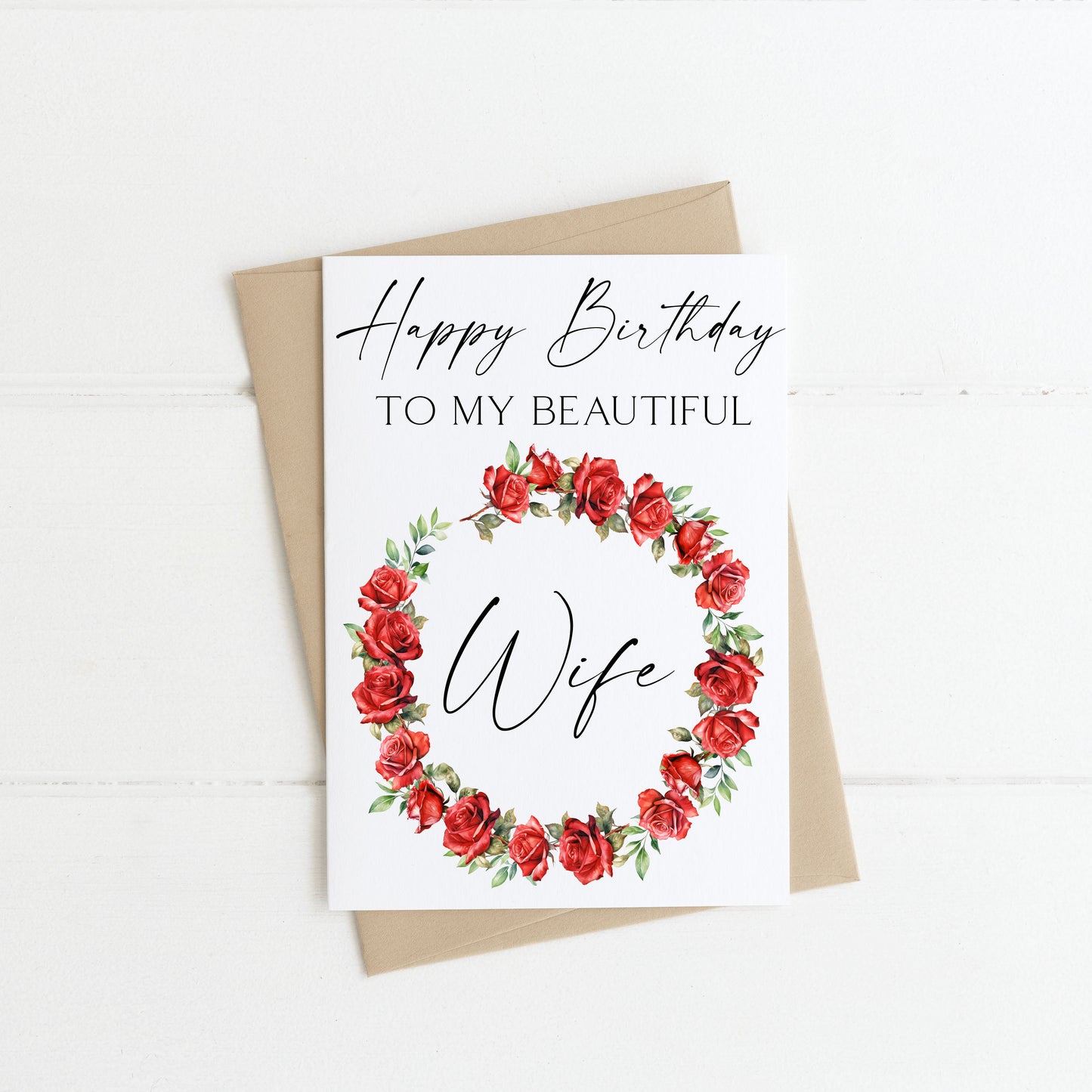 Wife birthday card to my beautiful wife happy birthday wife love couples partner red roses wreath card with envelope kraft brown/white