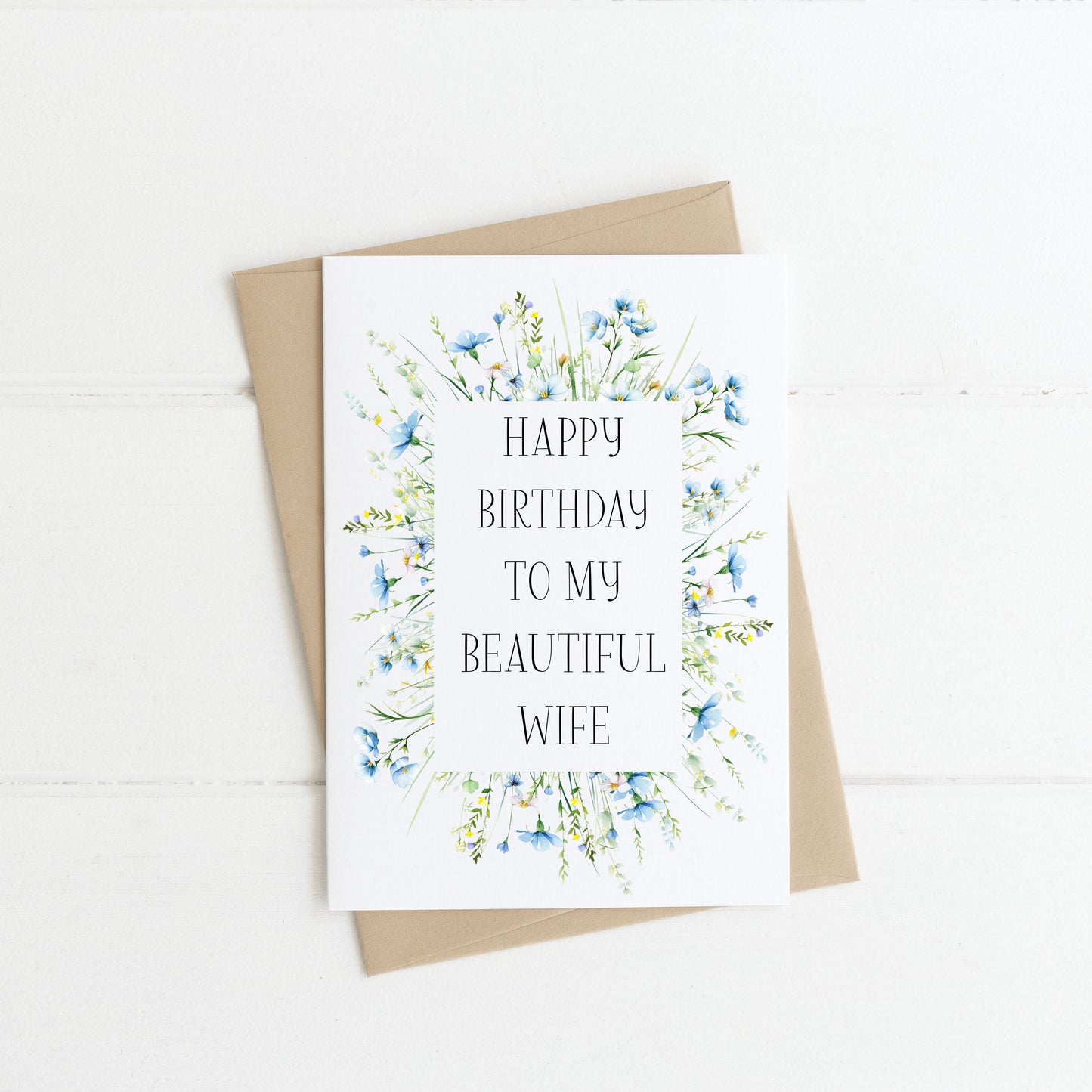 Wife birthday card to my beautiful wife happy birthday wife love couples partner blue wildflower wreath with envelope kraft brown/white