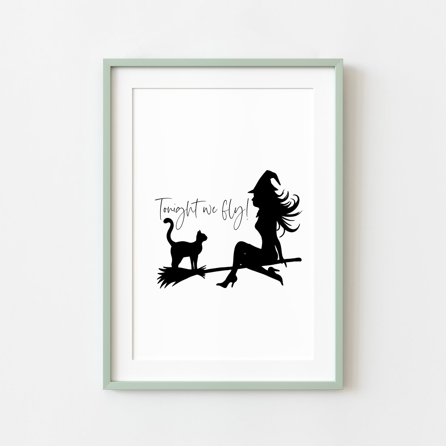 Tonight we fly Witch & Cat on a broom halloween celestial illustration unframed wall art poster print