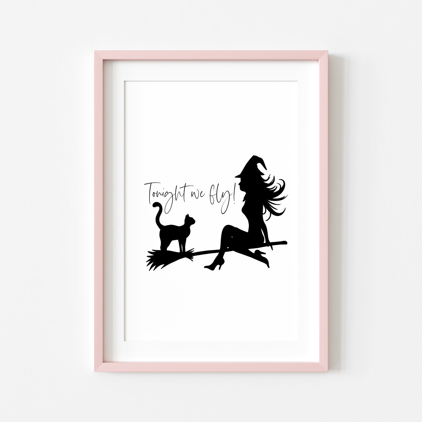 Tonight we fly Witch & Cat on a broom halloween celestial illustration unframed wall art poster print