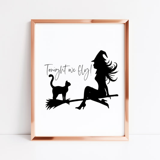 Tonight we fly Witch & Cat on a broom halloween celestial illustration unframed wall art poster print