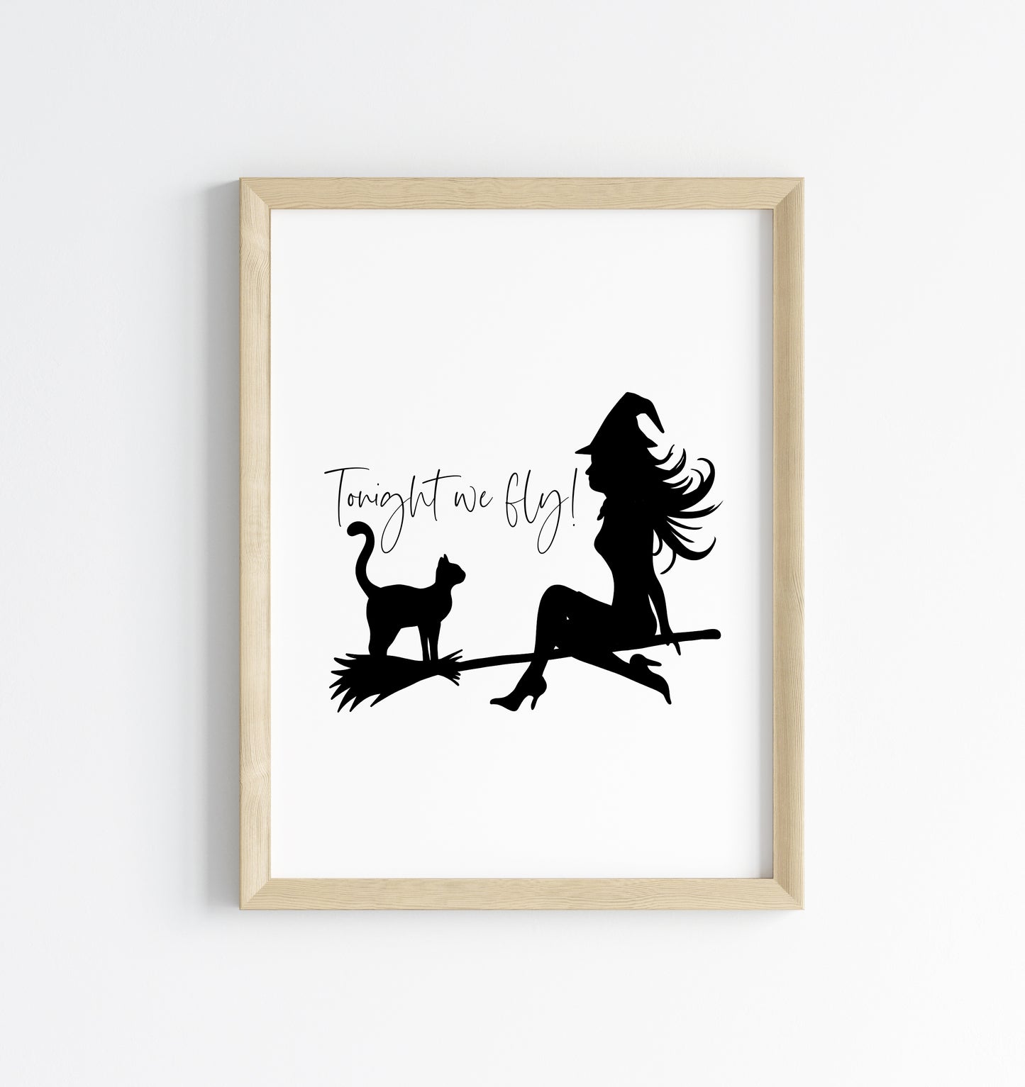 Tonight we fly Witch & Cat on a broom halloween celestial illustration unframed wall art poster print