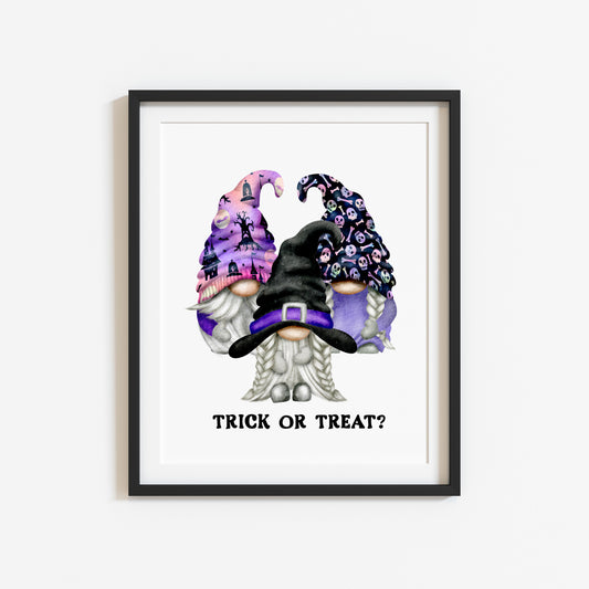 Trick or treat purple pink & black watercolour gonks gnomes spooky witch wizard halloween unframed wall art poster print