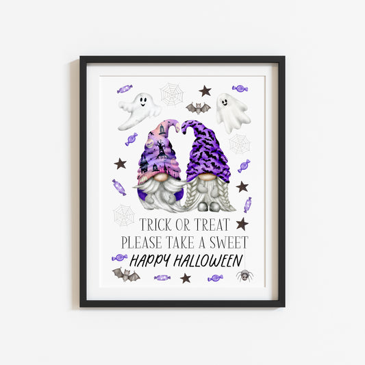 Trick or treat print, Happy Halloween, trick or treat take a sweet purple fun spooky gonks halloween gnome unframed wall art poster print