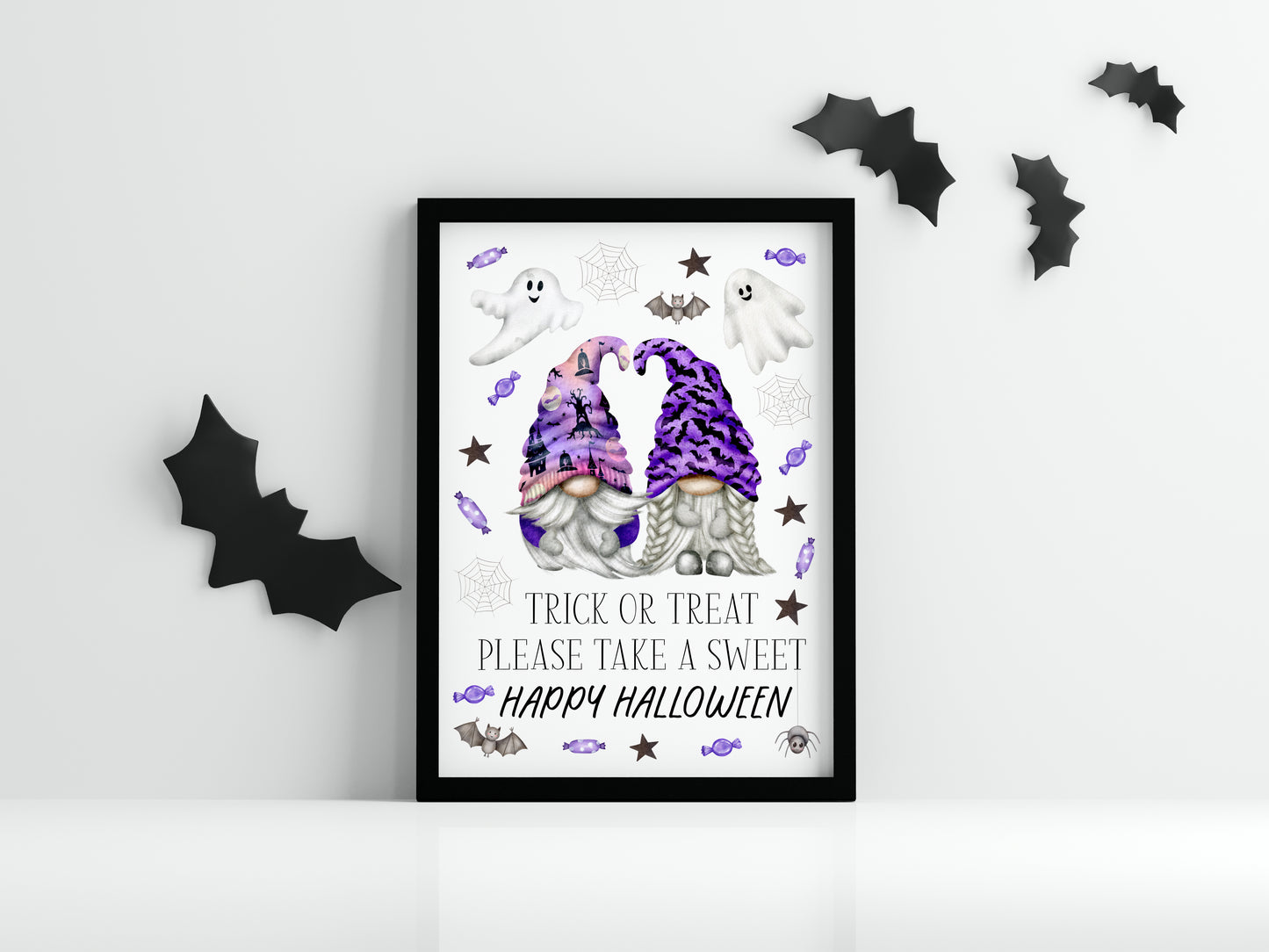 Trick or treat print, Happy Halloween, trick or treat take a sweet purple fun spooky gonks halloween gnome unframed wall art poster print