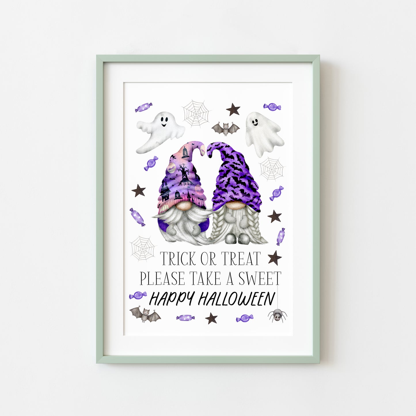 Trick or treat print, Happy Halloween, trick or treat take a sweet purple fun spooky gonks halloween gnome unframed wall art poster print