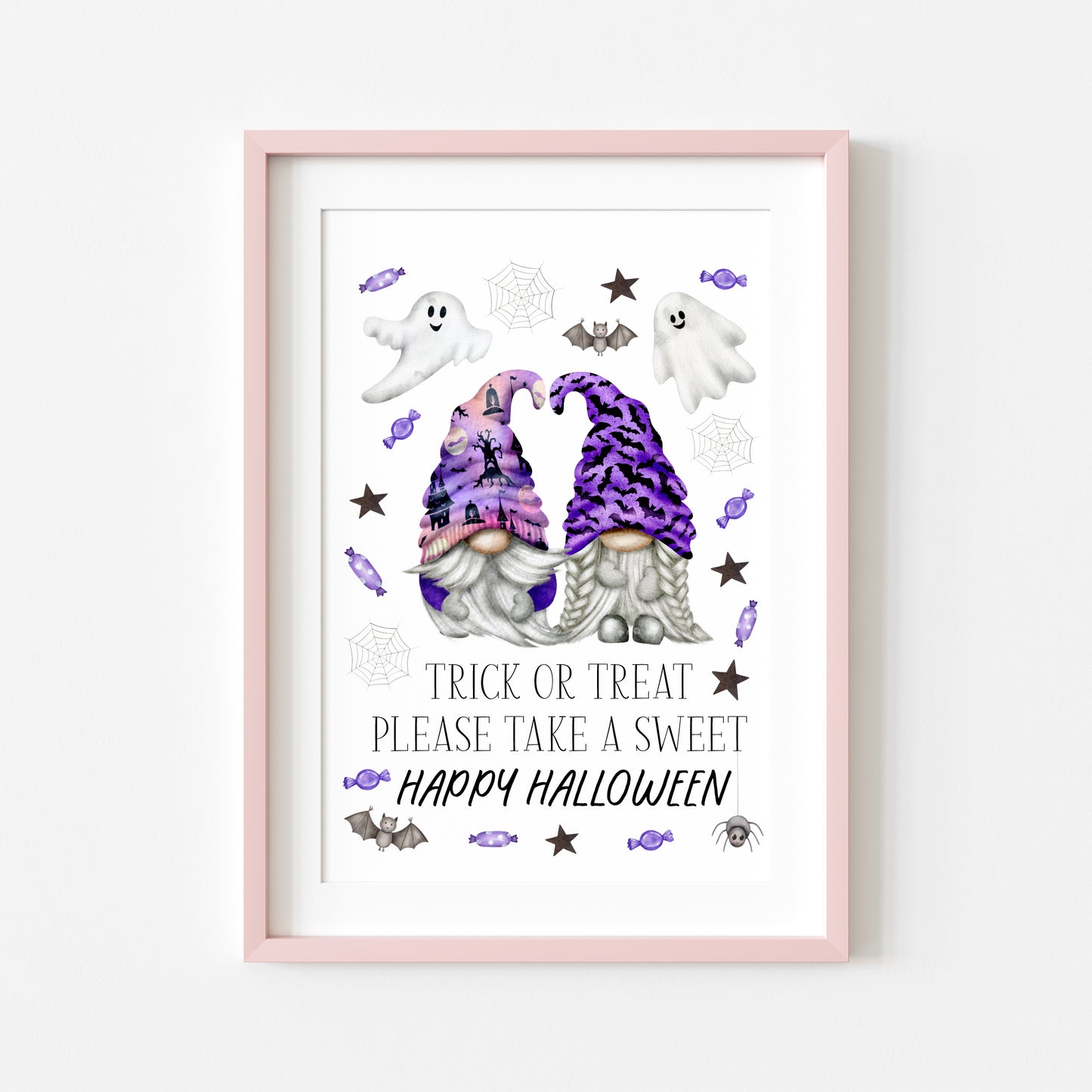 Trick or treat print, Happy Halloween, trick or treat take a sweet purple fun spooky gonks halloween gnome unframed wall art poster print