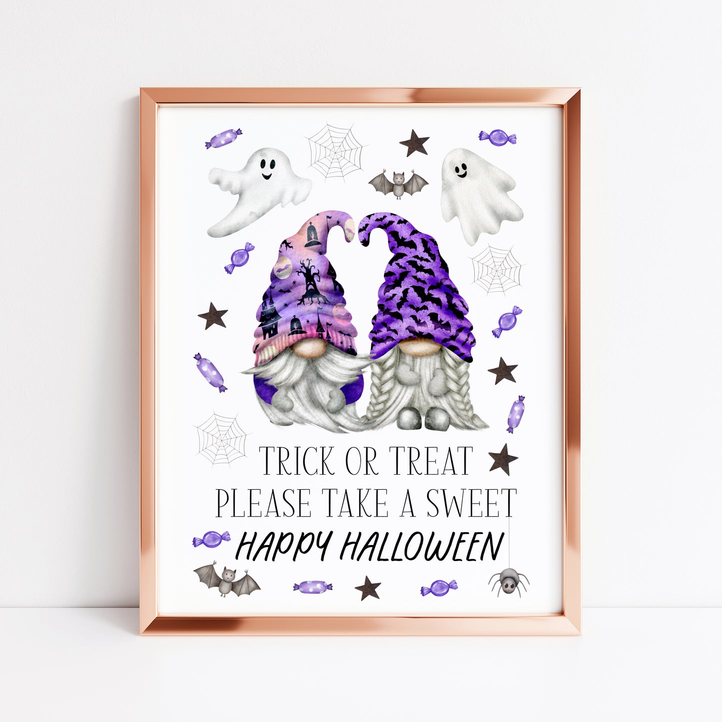 Trick or treat print, Happy Halloween, trick or treat take a sweet purple fun spooky gonks halloween gnome unframed wall art poster print