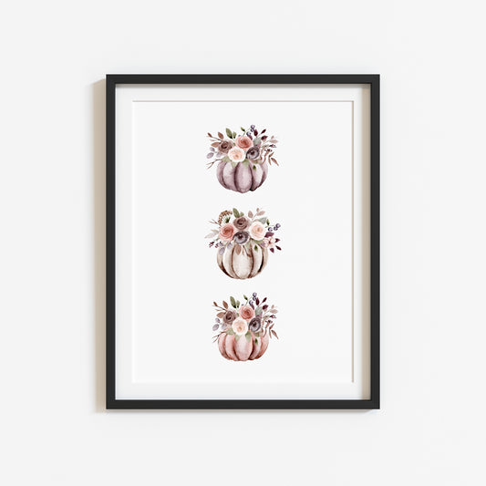 Floral pumpkin trio, red & purple floral pumpkins portrait seasonal unframed wall art poster print