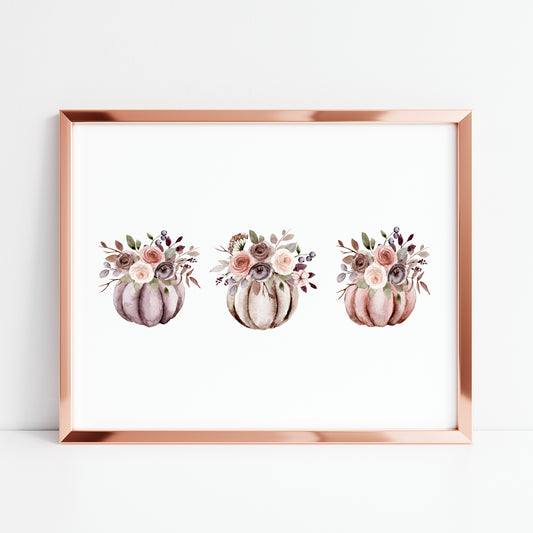 Floral pumpkin trio, red & purple floral pumpkins landscape seasonal unframed wall art poster print