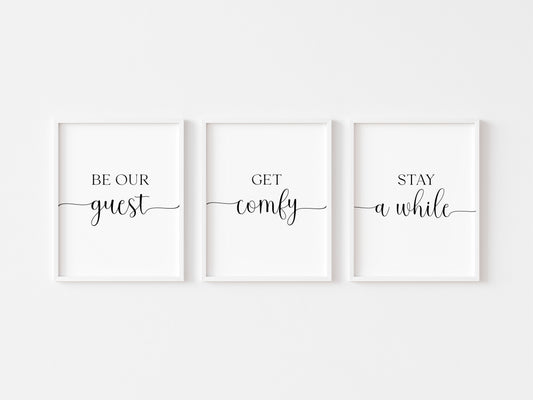 Set of 3 home guest bedroom, get comfy, be our guest, stay a while swirly borderless unframed wall art prints