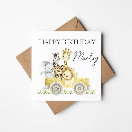 Personalised Birthday card, Happy Birthday kids safari truck safari animals children's birthday card with envelope, personalised with name