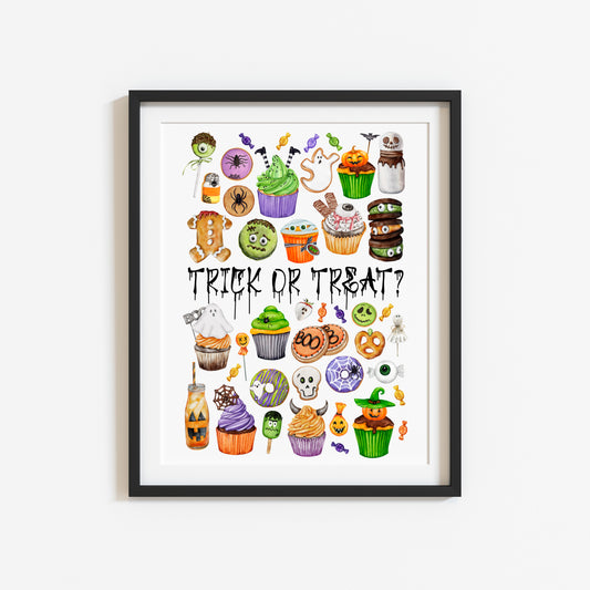 Trick or treat, watercolour vibrant halloween sweet treat cupcake trick or treat sign unframed wall art poster print