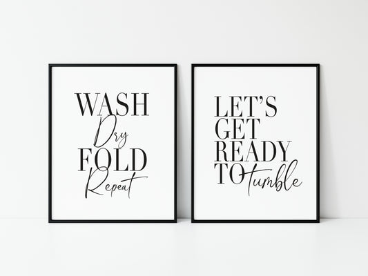Set of 2 kitchen laundry prints, wash dry fold repeat, let's get ready to tumble unframed wall art poster prints