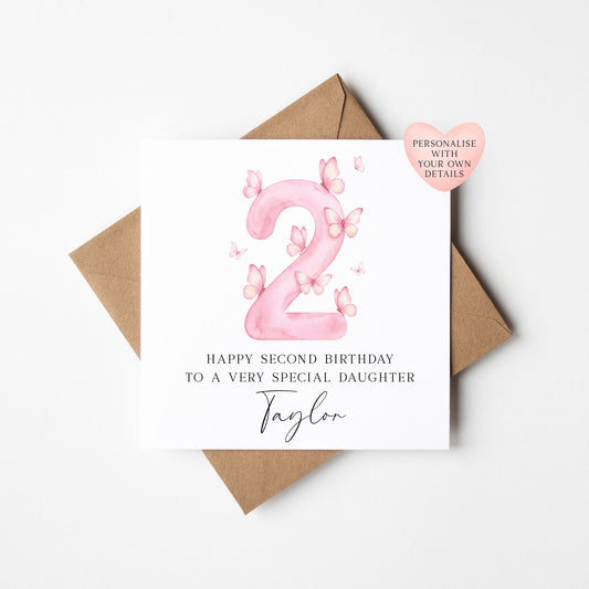 Personalised 2nd Birthday Card pink Butterfly girls bday card, number 2, daughter, granddaughter, friend with Envelope