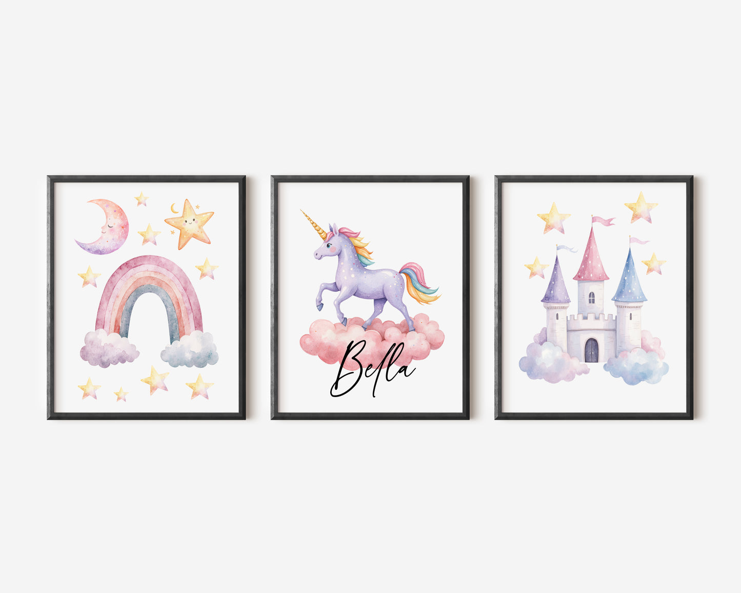 Set of 3 unicorn personalised prints pastel pink purple yellow girls bedroom wall art poster prints, hearts stars rainbows girls nursery bedroom decor