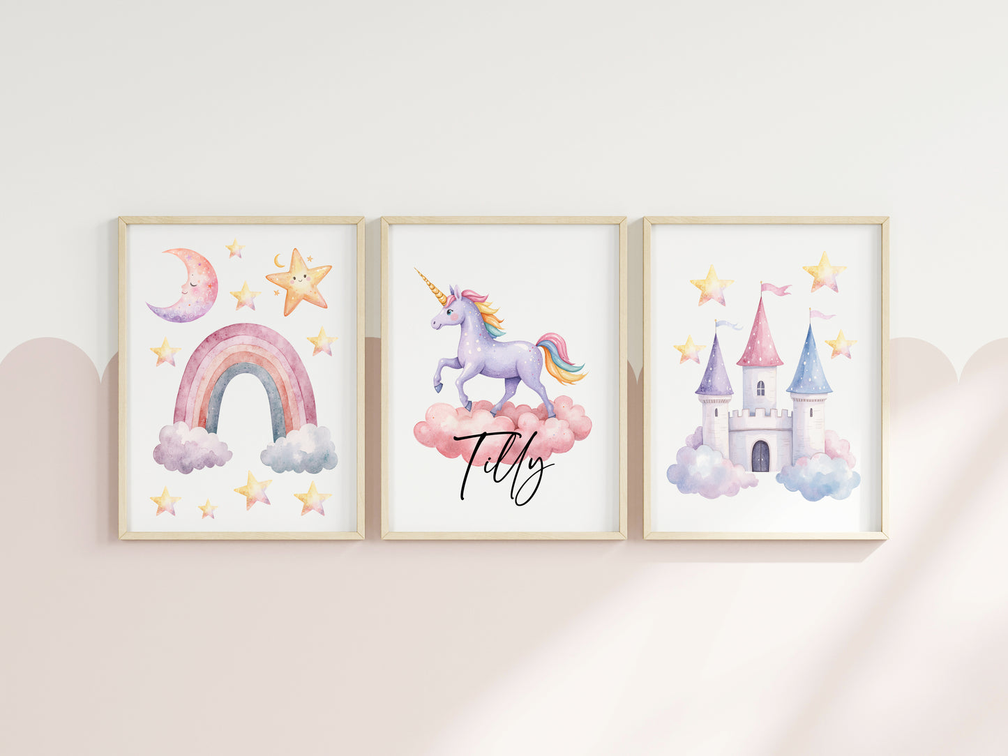 Set of 3 unicorn personalised prints pastel pink purple yellow girls bedroom wall art poster prints, hearts stars rainbows girls nursery bedroom decor