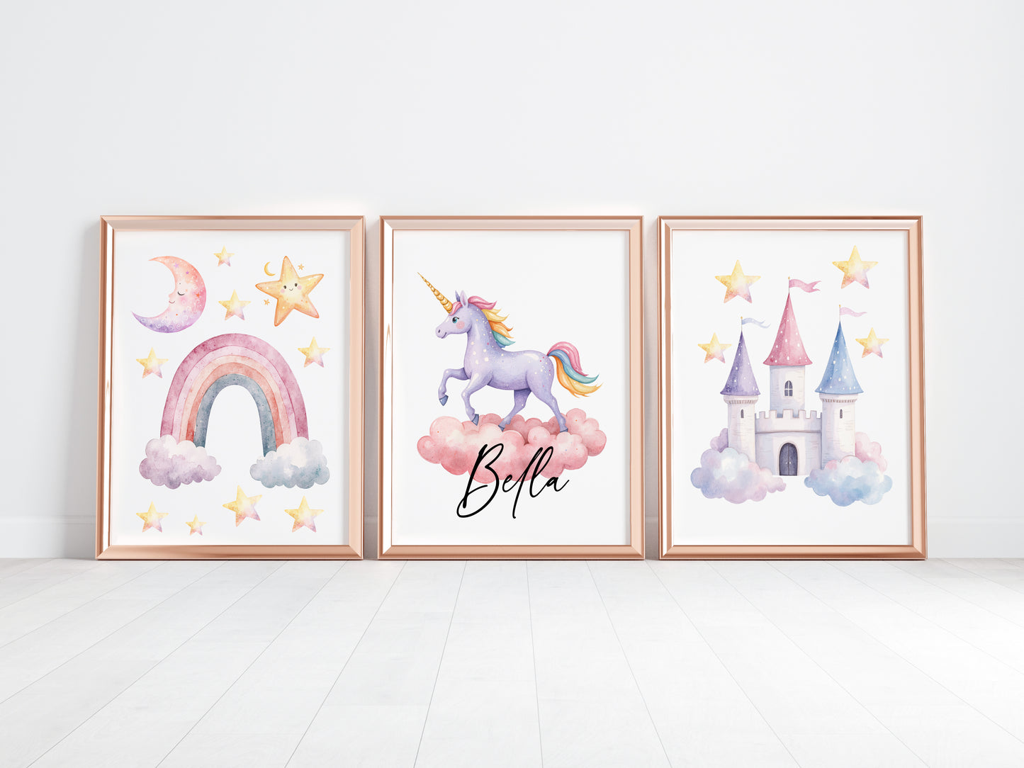 Set of 3 unicorn personalised prints pastel pink purple yellow girls bedroom wall art poster prints, hearts stars rainbows girls nursery bedroom decor