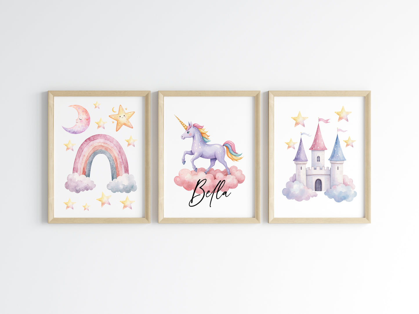 Set of 3 unicorn personalised prints pastel pink purple yellow girls bedroom wall art poster prints, hearts stars rainbows girls nursery bedroom decor