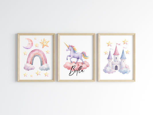 Set of 3 unicorn personalised prints pastel pink purple yellow girls bedroom wall art poster prints, hearts stars rainbows girls nursery bedroom decor