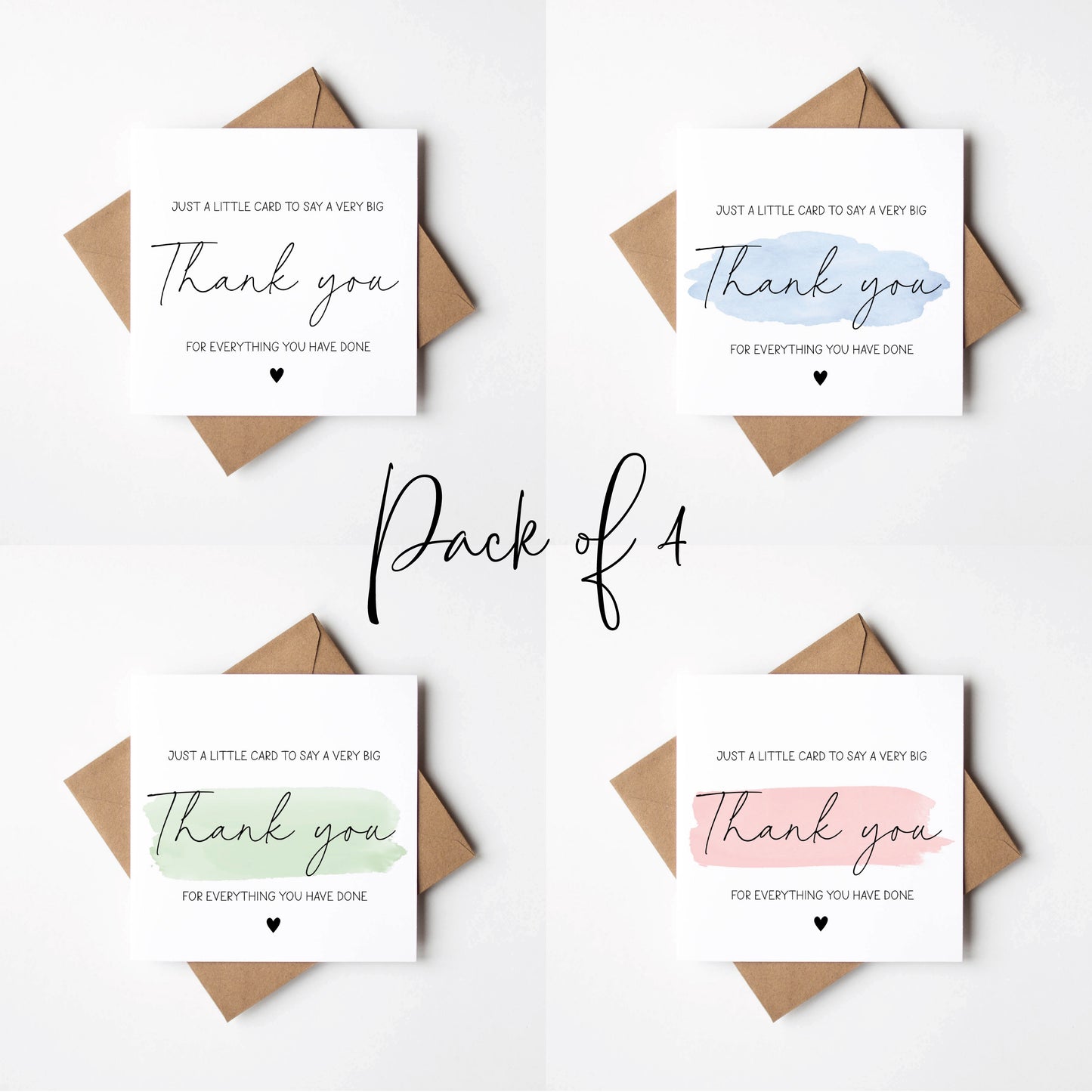 Thank you cards Pack of 4 A little card to say a big thank you individual styles, watercolour blue pink green colour cards with envelopes