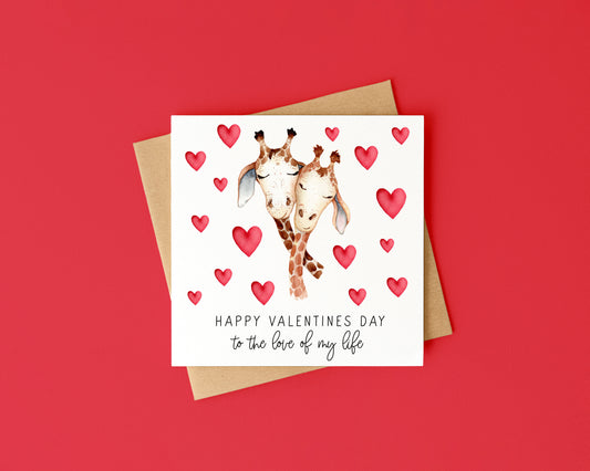 Valentines card, Giraffes hearts couples watercolour Valentines day with Envelope