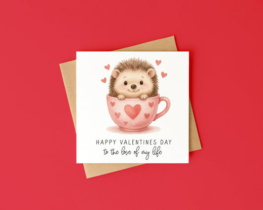 Valentines card, Hedgehog mug hearts couples Valentines day with Envelope
