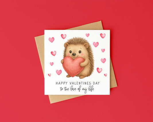 Valentines card, Hedgehog hearts couples watercolour Valentines day with Envelope