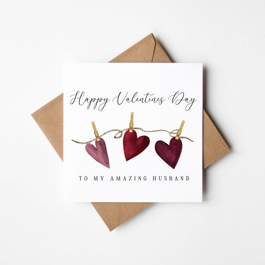 Valentines card, Wife Husband Hanging hearts watercolour couples valentines day with Envelope