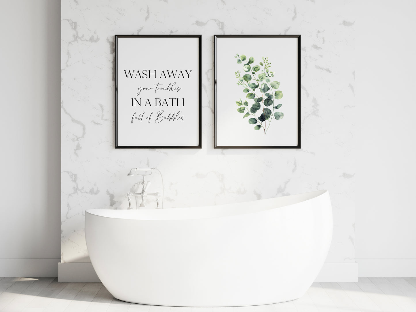 Set of 2 bathroom prints, Wash away your troubles in a bath full of bubbles eucalyptus bouquet unframed wall art poster prints