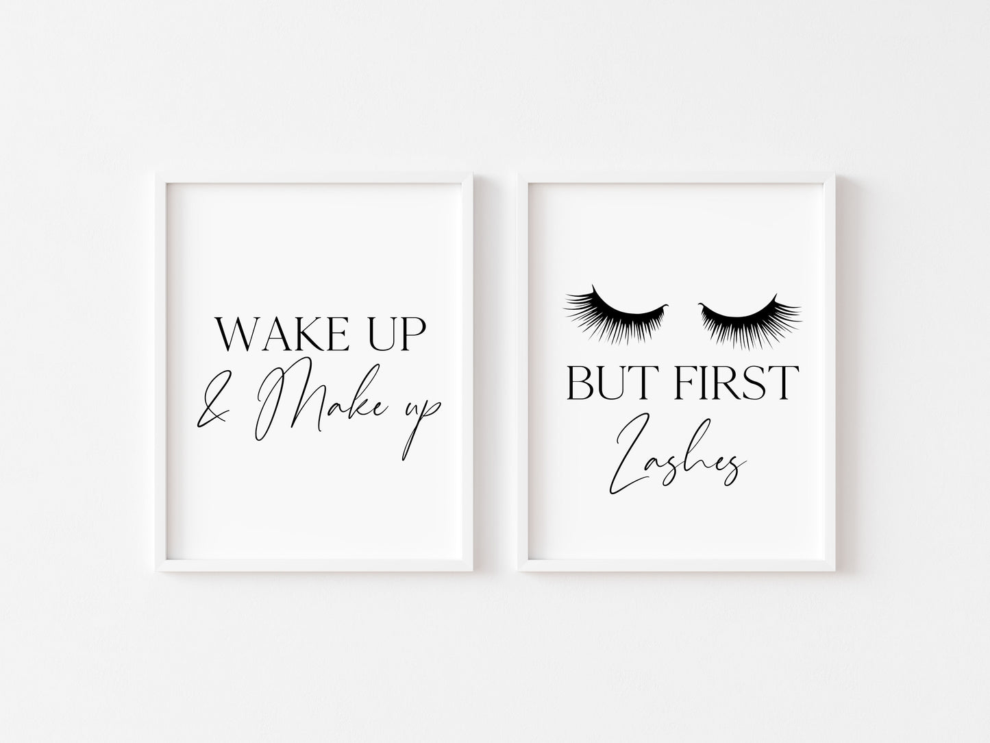 Set of 2 bedroom bathroom prints, Wake up and make up but first eyelashes unframed wall art poster prints